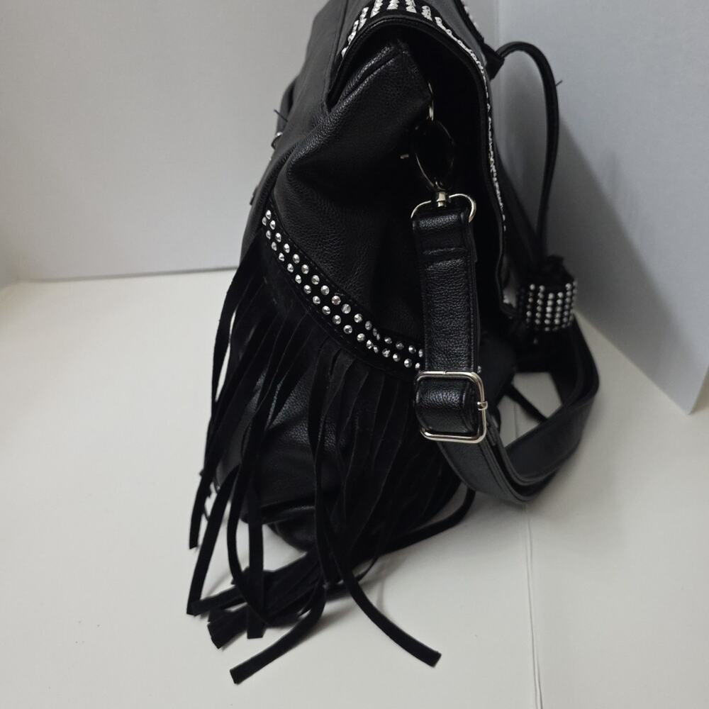 Black Boho Western Fringe Crossbody Purse Studded Faux Leather Shoulder Bag - Picture 3 of 12